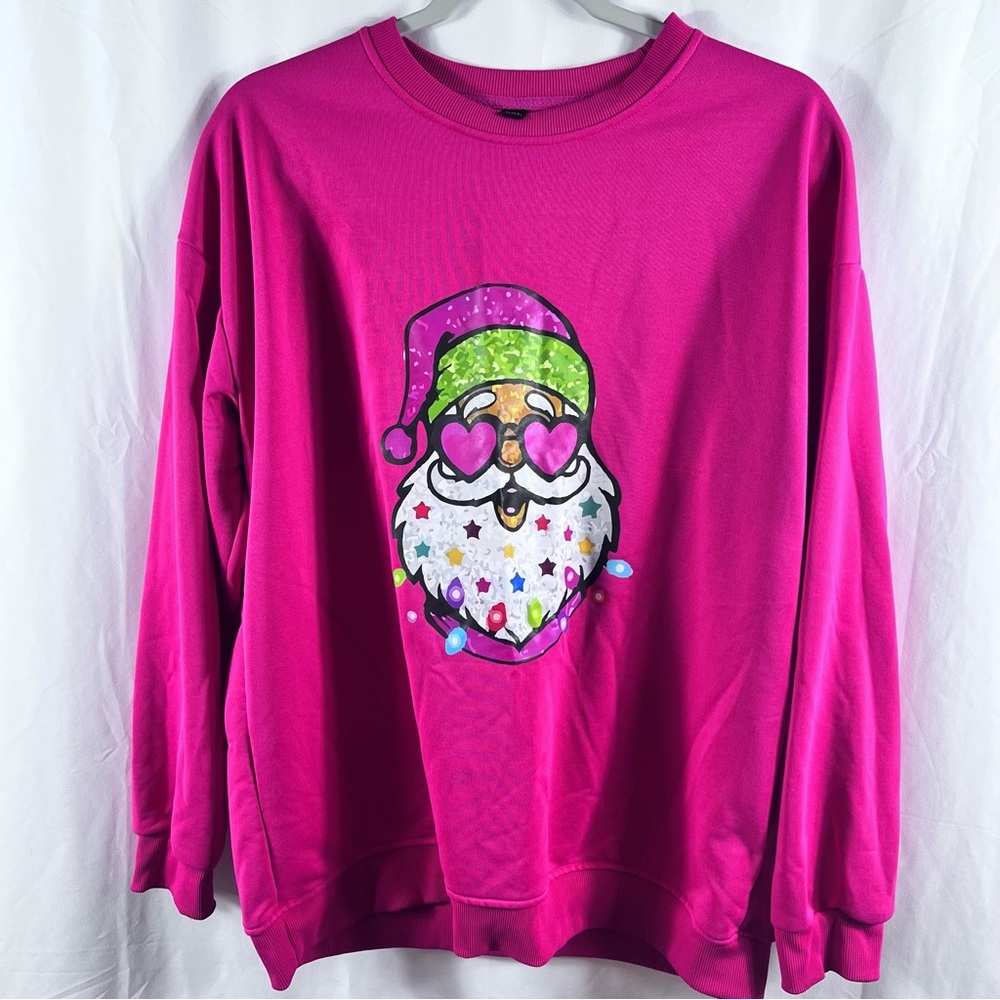 Pink Santa Graphic Sweatshirt Size XL NWOT Christmas Athleisure Barbiecore Pink